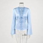 Tornova Elegant Satin Lace T Shirt Women's Long Sleeve Casual V Neck Lace Up Top Fashion Single Breasted Female Commute T Shirt
