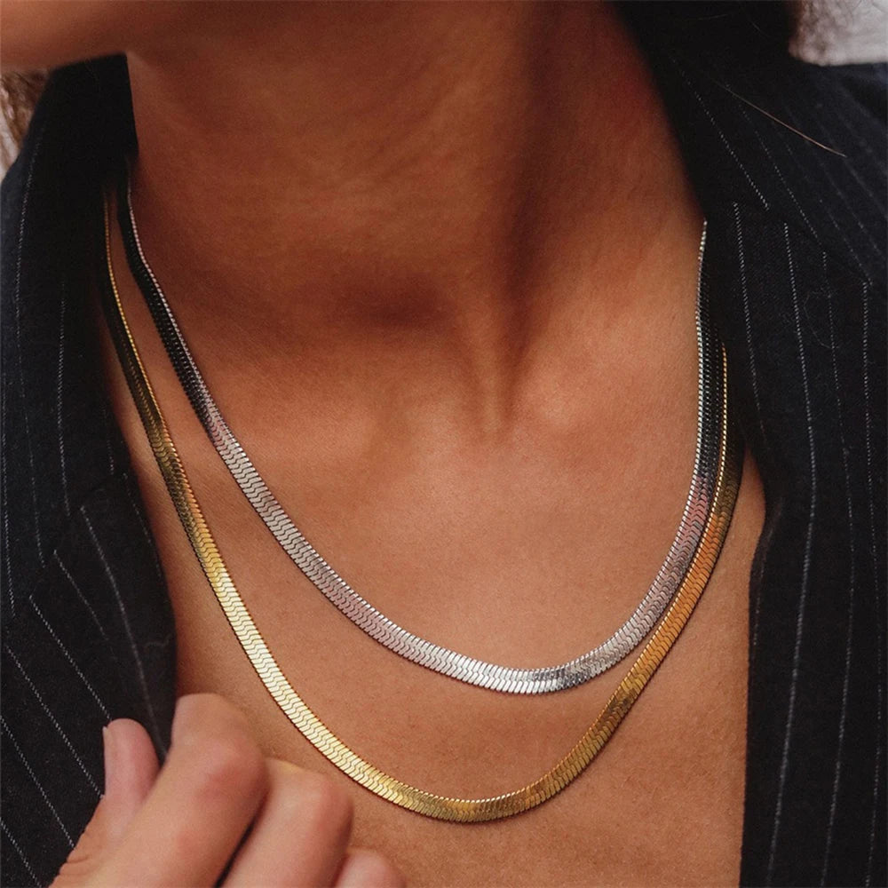 SUNIBI Stainless Steel Snake Chain Necklace for Woman Gifts Choker Herringbone Gold Color Necklaces Women Jewelry Wholesale