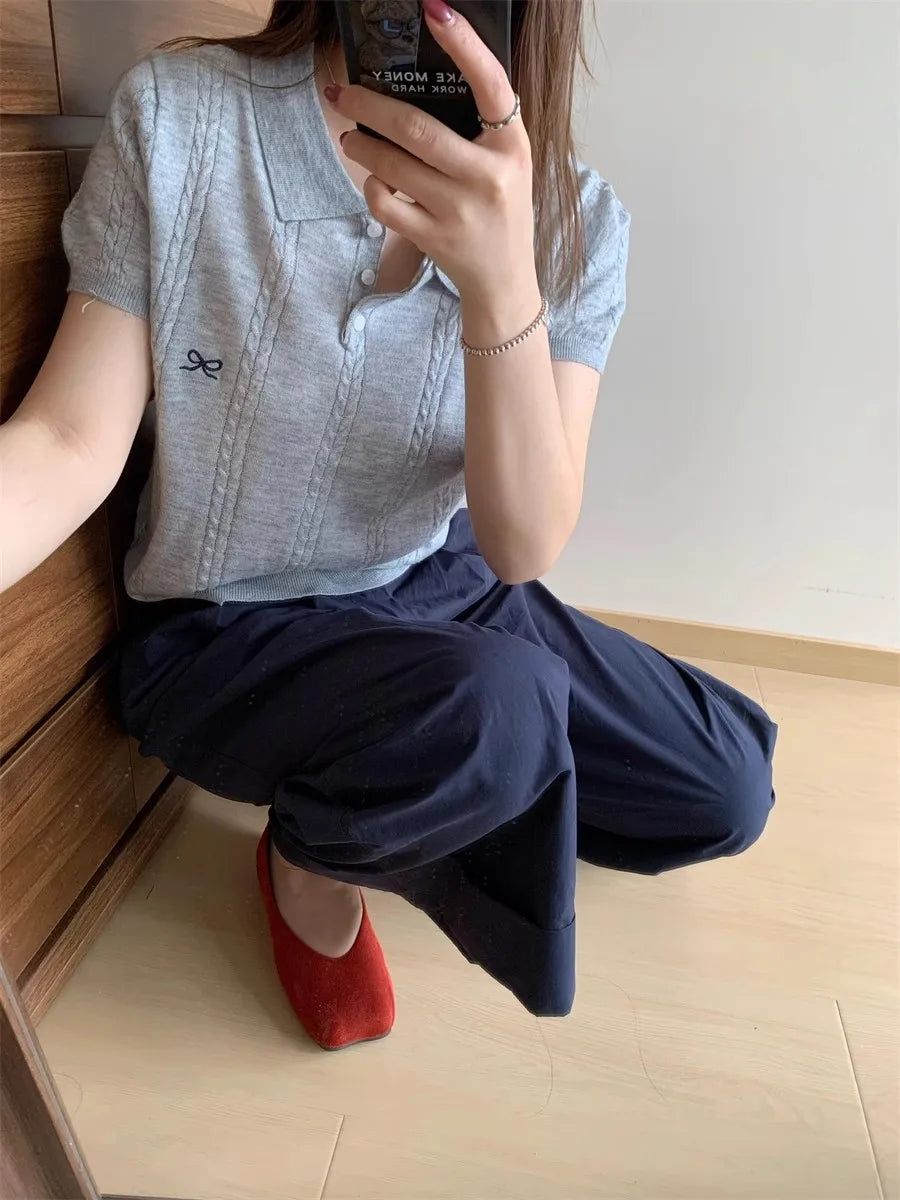 AOSSVIAO 2026 Summer New Korean Fashion Slim Polo shirt Knitted Short Sleeve T-shirt Sweet Bow Embroidered Knitted  Women Tops