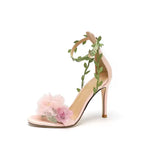 2025 summer new open toed slim heel pink flower fairy style buckle with high heels wedding shoes women's sandals