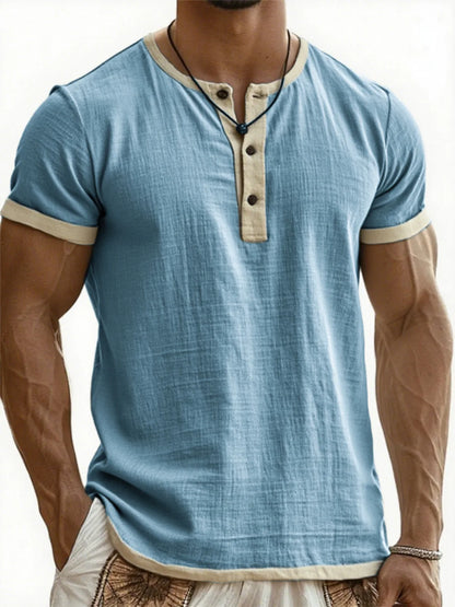 Summer New Men's Cotton Linen Shirt Casual Contrast Trim Short Sleeve Top Breathable Comfort Slim Fit Sports Casual Shirt