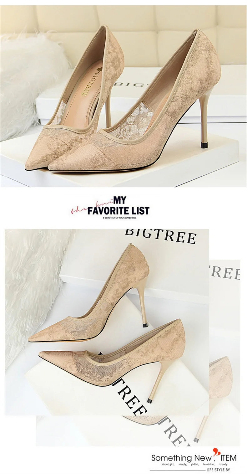 2024 Black Flower Lace Mesh Pumps Women Pointed Toe Shallow Fashion Party Single Shoes Show Thin High Heel Office Shoes