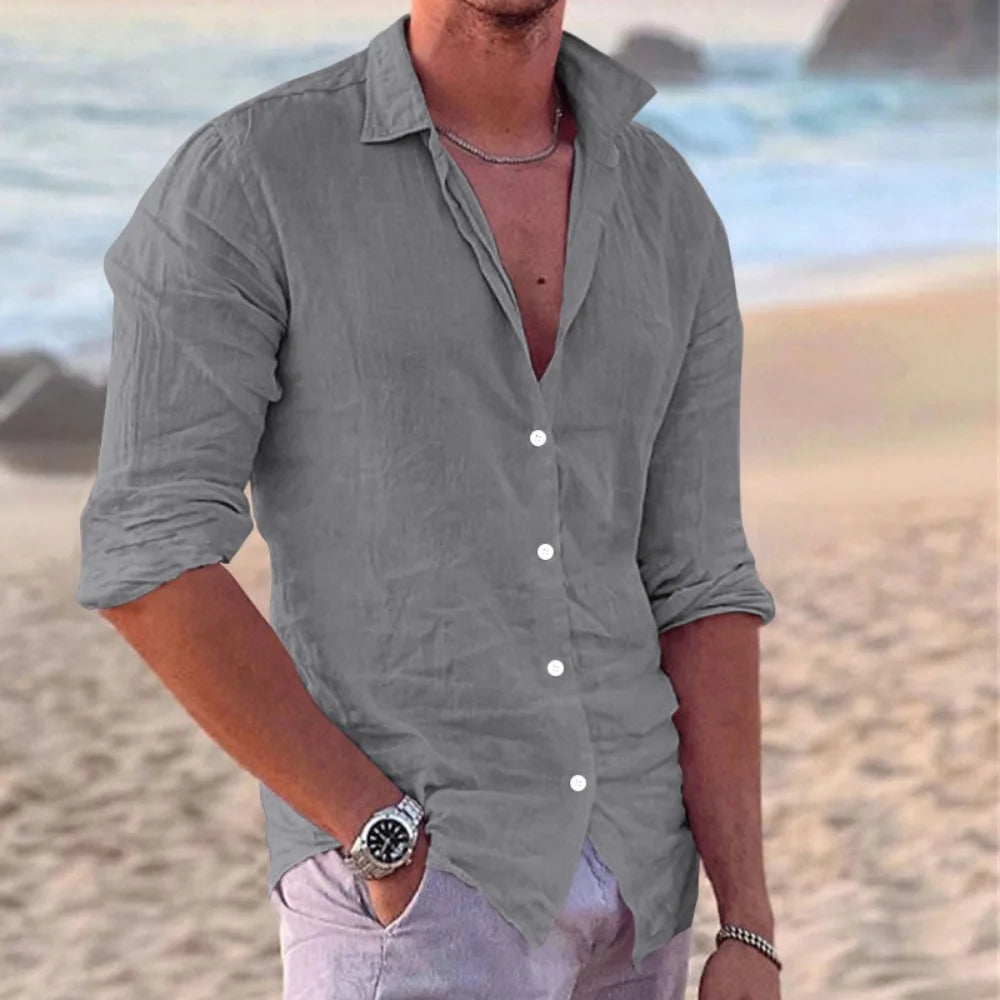 New Men's Shirt Cotton linen Fashion Casual Polo Neck Beach Shirt Long Sleeve Solid Hawaiian Holiday Shirts