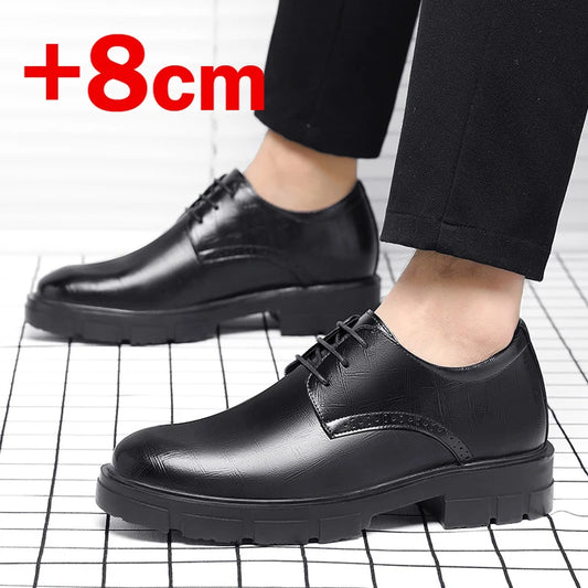 New Men Hollow Summer Platform High Heel 5/8/10 CM Height Growth Formal Men Derby Leather Shoes Man Wedding Dress Shoes Elevator