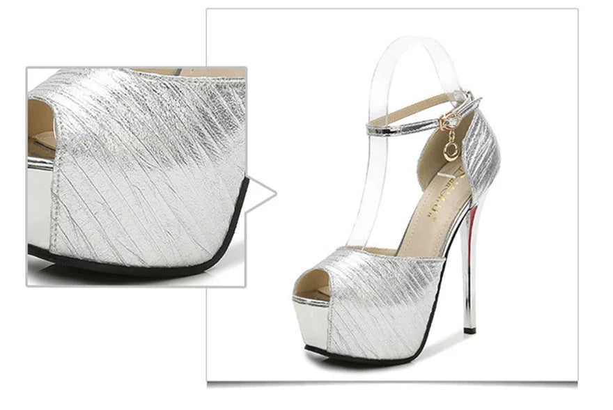 Sexy Super High Heels 14cm Fashion Wrinkled Leather Shoes Women Sandals Summer Peep Toe Platform Metal Buckle Female Pumps Party