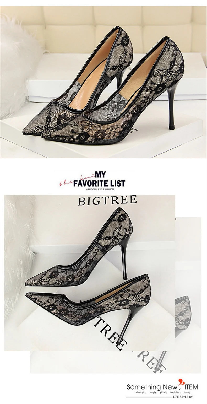 2024 Black Flower Lace Mesh Pumps Women Pointed Toe Shallow Fashion Party Single Shoes Show Thin High Heel Office Shoes