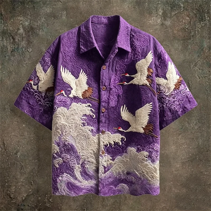 New dark green embossed dark pattern fabric with flying crane and wave printing for men's casual short sleeved shirt
