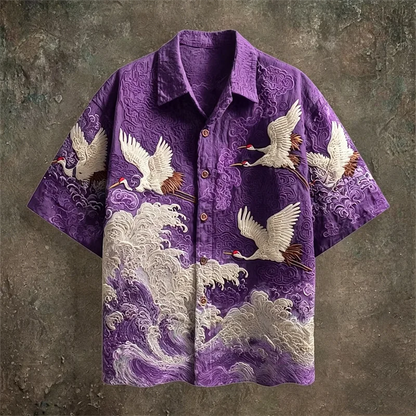 New dark green embossed dark pattern fabric with flying crane and wave printing for men's casual short sleeved shirt