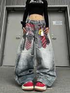 Women American Vintage Print Tie Machete Pattern Jeans Loose Wide Leg Street Hot Girl Design All Match Denim Long Trousers