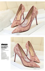 2024 Black Flower Lace Mesh Pumps Women Pointed Toe Shallow Fashion Party Single Shoes Show Thin High Heel Office Shoes