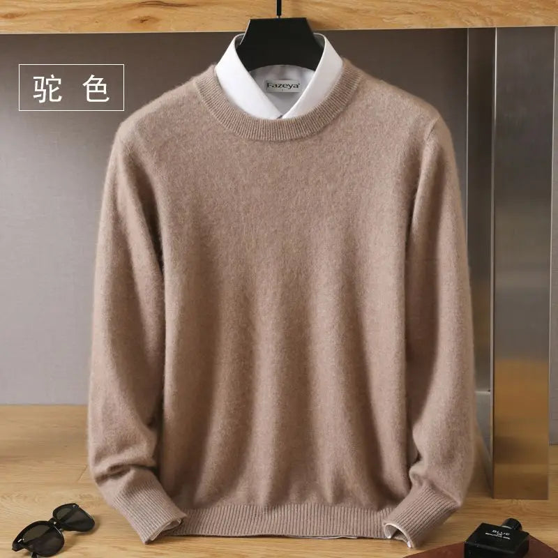 Autumn Winter 100% Mink Cashmere Sweater Men's Round Neck Pullover Loose Solid Color Plus Size Base Knit Business Casual Sweater