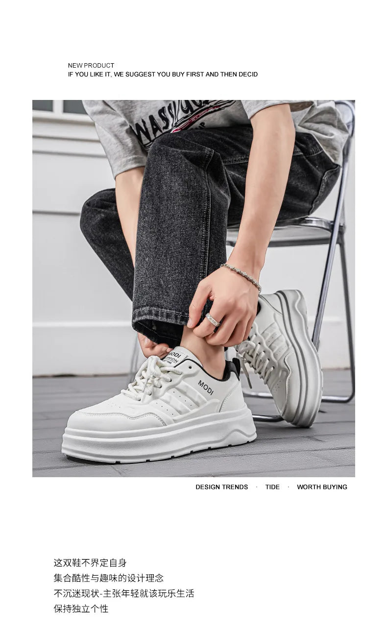 2026 Summer Men's White Platform Sneakers Leather Casual Shoes Thick Sole Streetwear Trendy Footwear