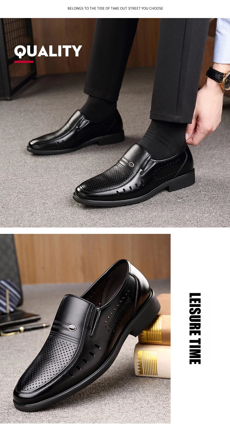 Men's Breathable Hollow Out Elevator Dress Leather Shoes Spring Summer 6cm Height Increase Business Slip-On Formal Office Shoes