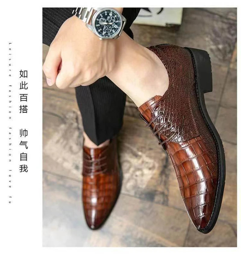 Mens Brown Crocodile Embossed Leather Dress Shoes Pointed Toe Lace Up Oxfords Formal Business Office Wedding Party Wear Comforta