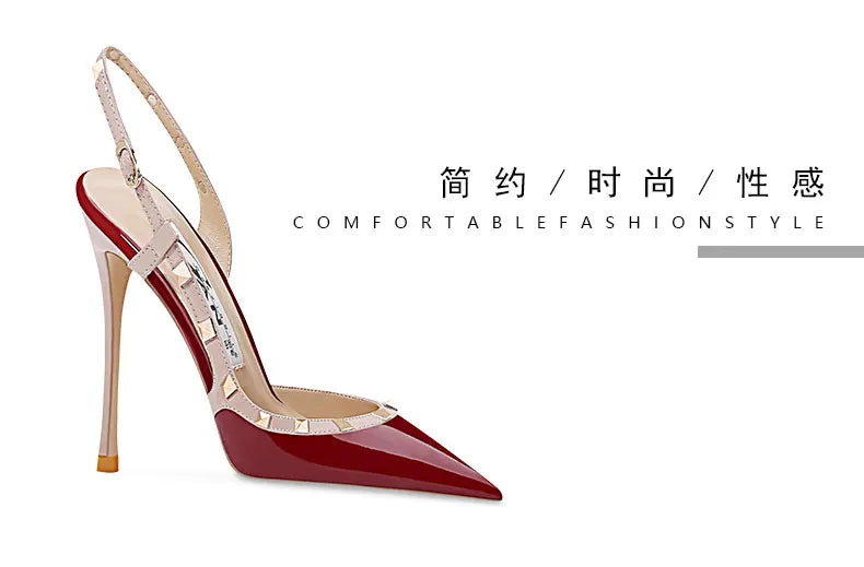 New Sexy Wine Red European and American High Heels for Women Slim Heels Pointed Toes, Shallow Mouth, Riveted Single Shoe Sandals