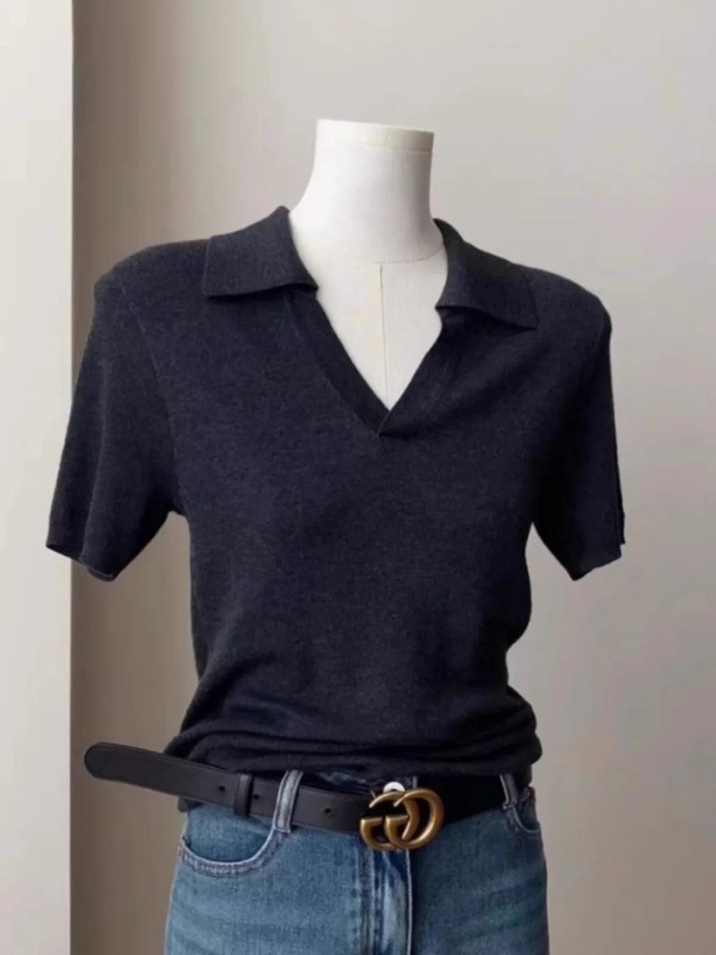 French short shoulder sleeve women's lapel knit top women's spring and summer thin ice silk polo collar  of solid color T-shirt