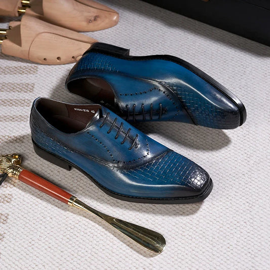 Men's Genuine Leather Oxfords Fashion Pointed Toe Wedding Party Dress Shoes Luxury Lace-Up Office Career Formal