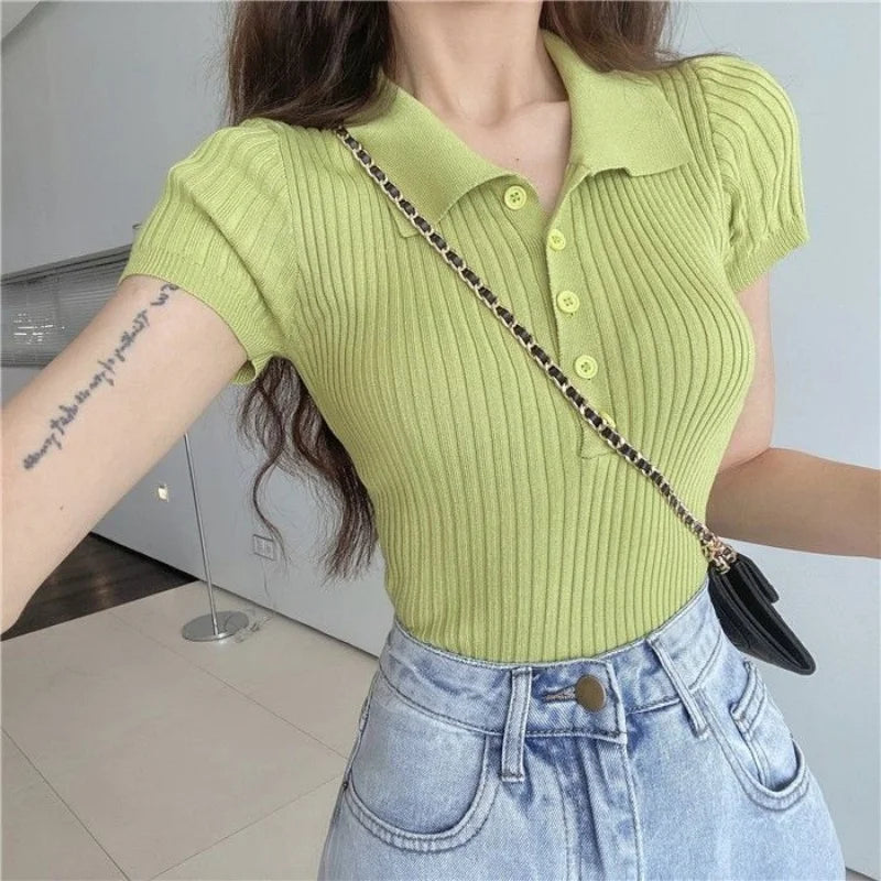New Polo Women TShirt Ribbed Knitted Sexy Tops Summer Basic Shirts Skinny Slim Casual Short Sleeve Vest Women's Top White Black