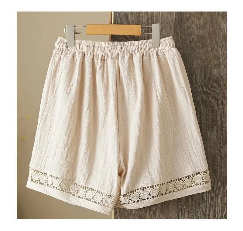 Women's Summer Retro Hollow Lace Trim Linen Shorts Elastic Drawstring Waist Casual Commute Wide Leg Pants