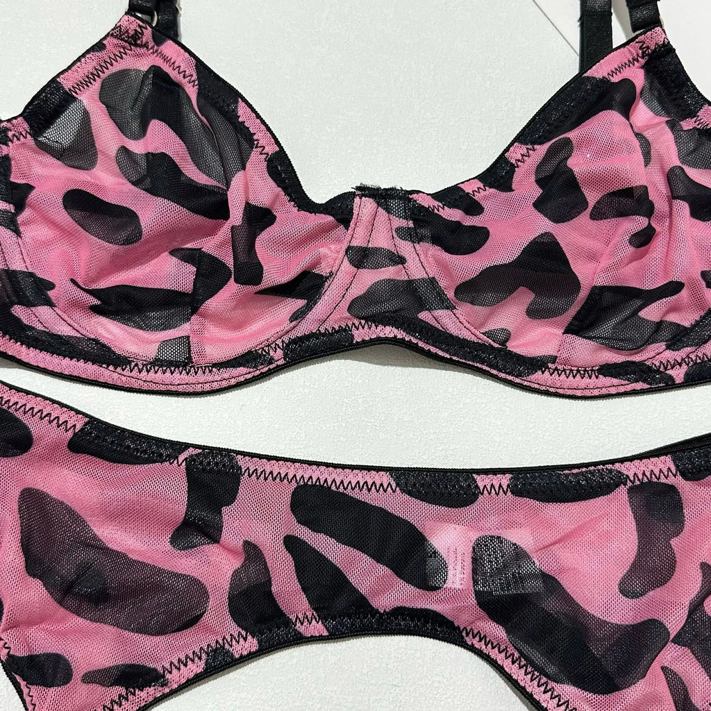 5Pcs Leopard Lingerie Set With Garter Belt Stockings Gloves Mesh Bra and Panty Set Strappy Underwear Erotic Costume For Women