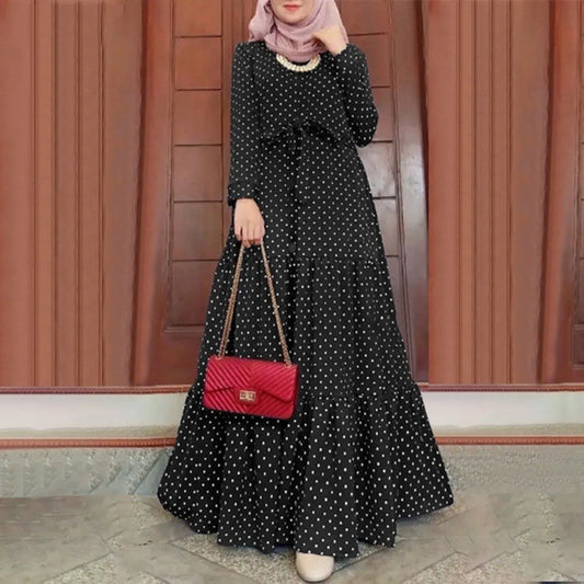 Polka Dot Muslim Dress Ruffle Belted Waist Women'S Dresses Long Sleeve Button Down Abaya Casual Vestidos Kaftan Dubai Long Robe