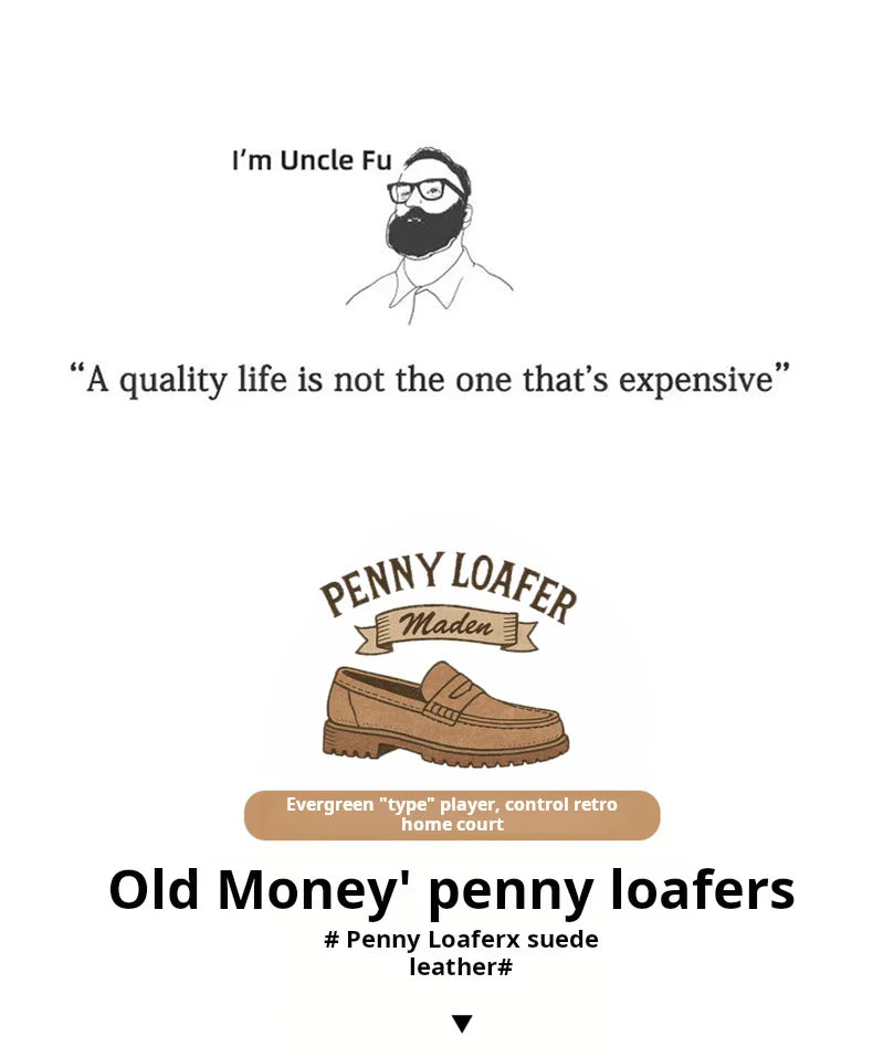 Maden Men's Vintage Suede Cowhide Penny Loafers Old Money Style Slip-On Shoes Brown Dress Casual Low Top Boots for Fall