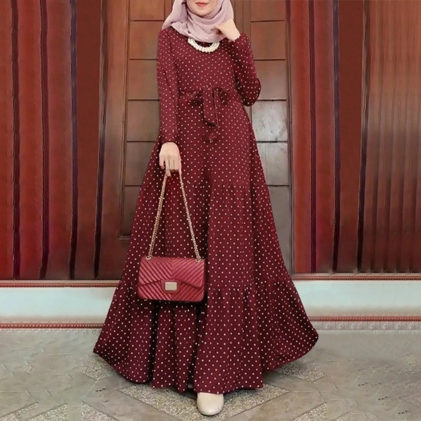 Polka Dot Muslim Dress Ruffle Belted Waist Women'S Dresses Long Sleeve Button Down Abaya Casual Vestidos Kaftan Dubai Long Robe