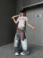 Women American Vintage Print Tie Machete Pattern Jeans Loose Wide Leg Street Hot Girl Design All Match Denim Long Trousers