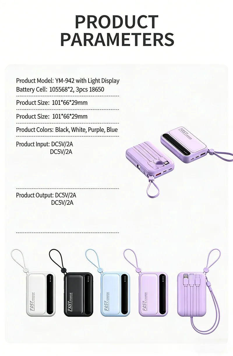 10000/20000mah Power Bank  4 in1 Built in Cables Intelligent Digital Display Light Portable Battery for IPhone Android Phone