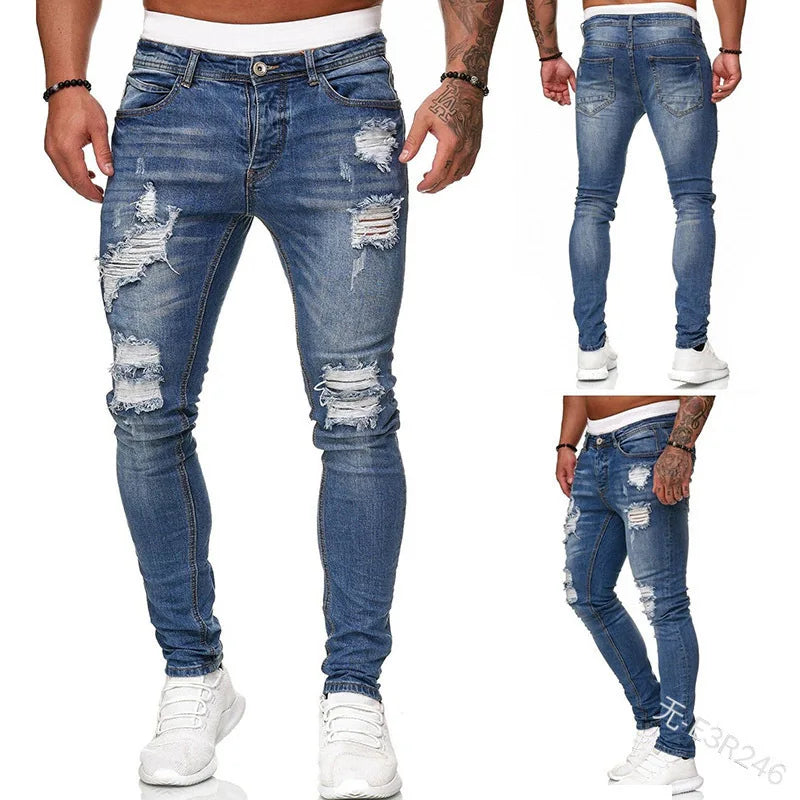 2023 Fashion Street Style Ripped Skinny Jeans Men Vintage wash Solid Denim Trouser Mens Casual Slim fit Black Blue denim Pants