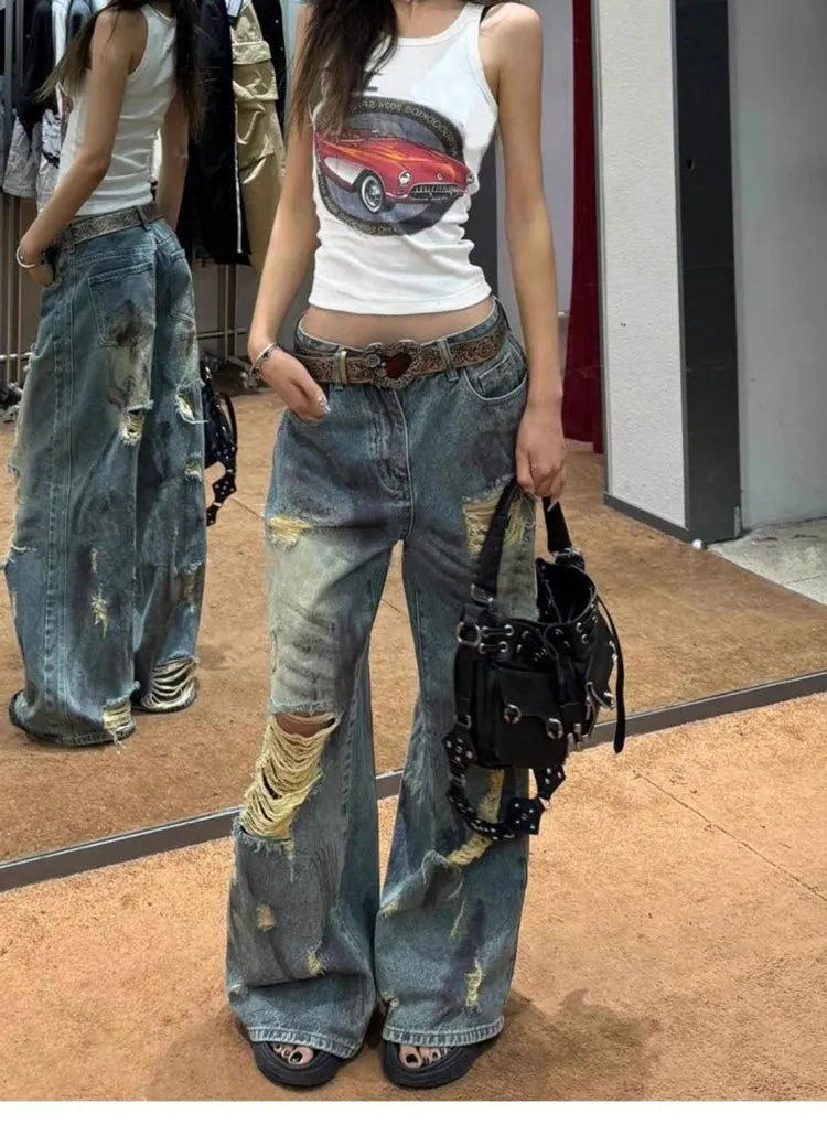 Women's Light Blue Distressed Wide Leg Jeans High Waist Heavy Ripped Vintage Y2K Baggy Denim Pants