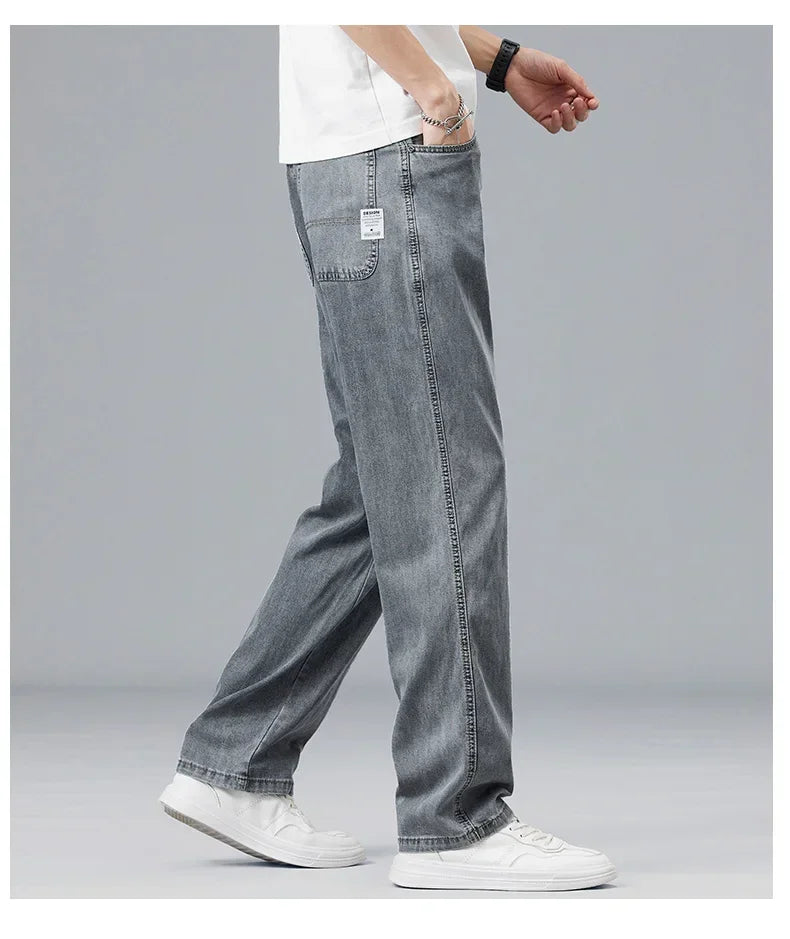 2026 New Summer Ultra-thin Lyocell Men's Jeans Drape Soft Fabric Loose Straight Casual Denim Pant Elastic Ice Silk Male Trousers