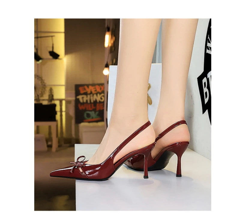 Korean Style Pointed Toe High Heels Shallow Mouth Hollow Bow Back Trip Strap Women's Shoes Thin Heels Back Empty Shoes Women