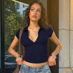 Hugcitar Women'S Fashion Short Sleeve Solid Polo Neck Buttons Sexy Crop T-Shirt Top Summer Female Clothes Streetwear Holiday