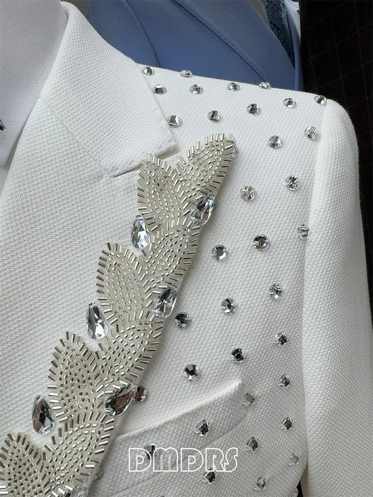 Two Pieces Formal Blazer Pants Set, Crystals Beaded Party Tuxedos Beaded Wedding Groom Suit Set, Luxurious Men's Formal Suit