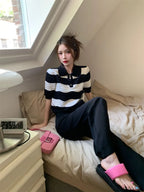 POLO Hollow Out Breathable Short Sleeve T Shirt Knit Striped Crop Top Aesthetic Clothing Summer Blouses For Women