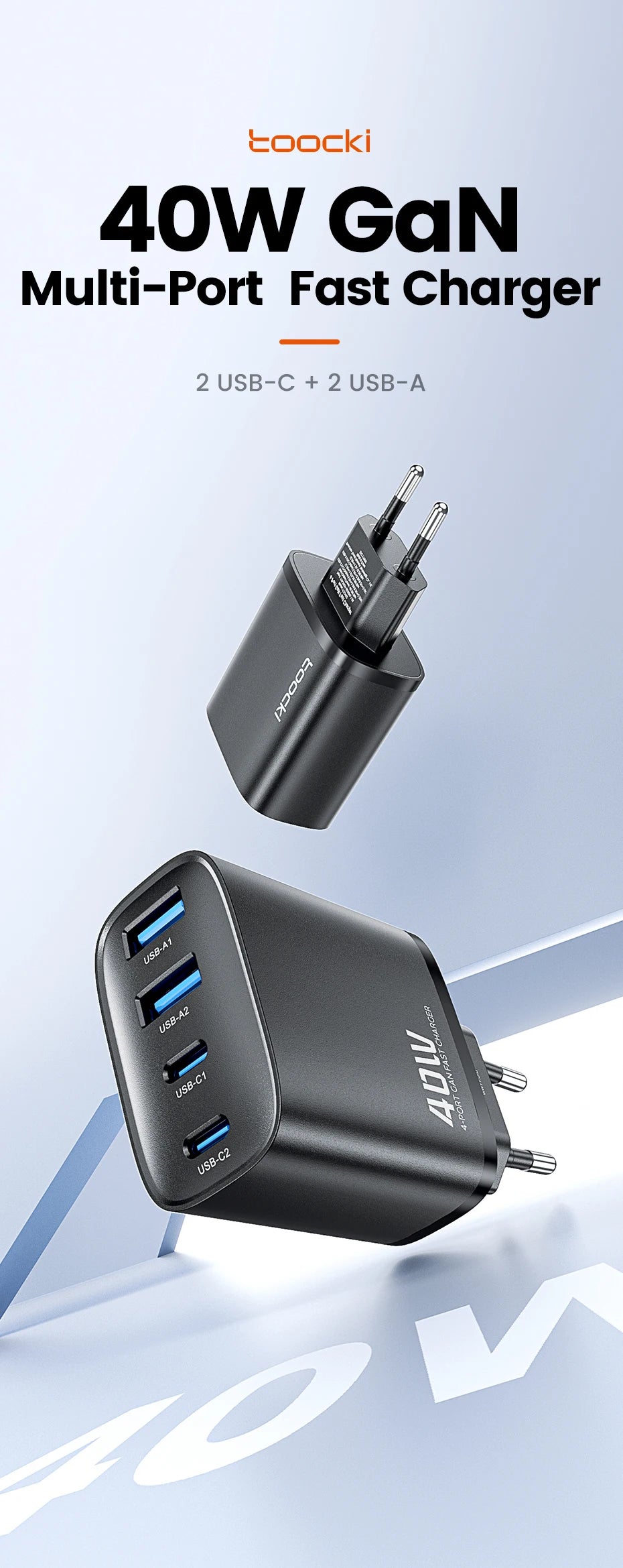 Toocki 40W GaN Fast Charger QC4.0 PD3.0 AFC SCP 4 Port USB Type C Charger for iPhone 16 15 14 Samsung S25 S24 Xiaomi Huawei OPPO