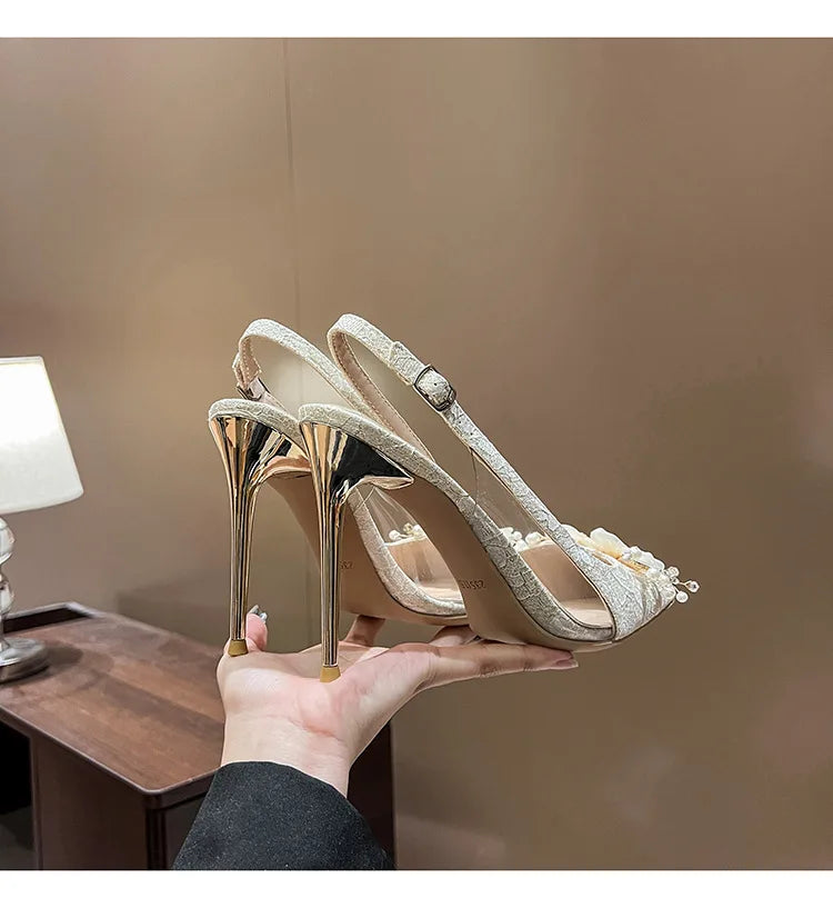 French Bride Gold Wedding Shoes spring women Thin Heel Pointed Shallow Mouth Flower Rhinodrill High Heels  Fashion Sandals