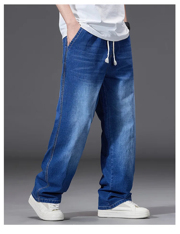 8XL Elastic Waist Men's Jeans, Loose Straight Leg Stretch Denim Pants, Plus Size Casual Streetwear, Big Size Relaxed Fit Trouser