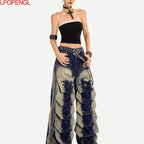 Fashionable Retro Embroidered Personalized Irregular High Waisted Jeans 2026 New Women Loose Oversized Streetwear Wide Leg Pants