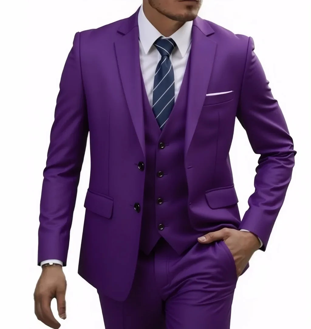 13 Color Basic Style Men's Casual Solid Color 3 Pieces Suits / Male Two Button Blazers Jacker Coat Trousers Pants Vest Waistcoat