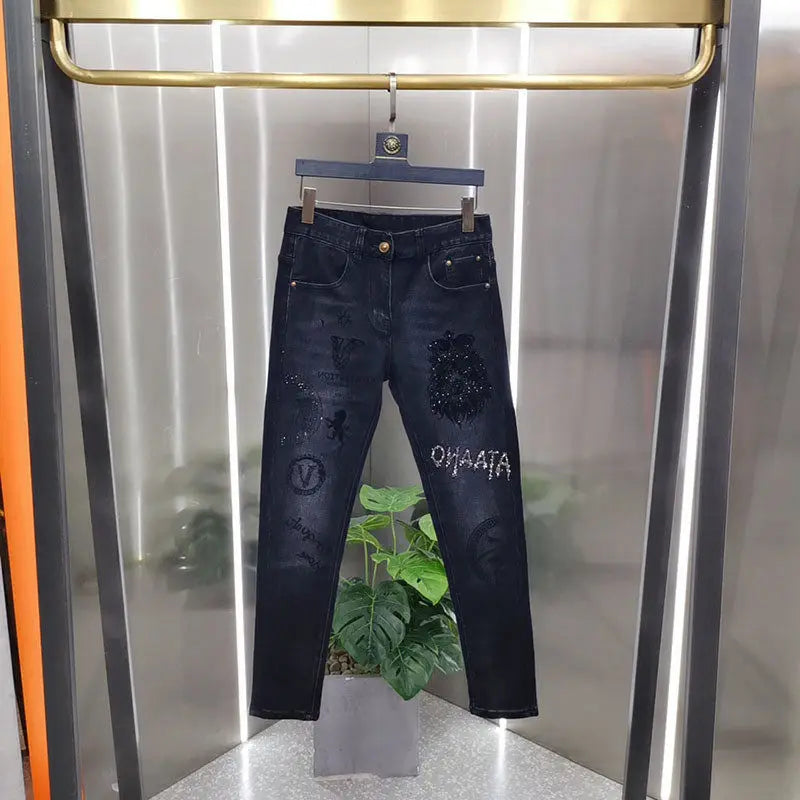 Hot-Stamped Rhinestone Men's Jeans, Trendy Brand, Stretchy Slim Fit, Embroidered and Printed Men's Trousers