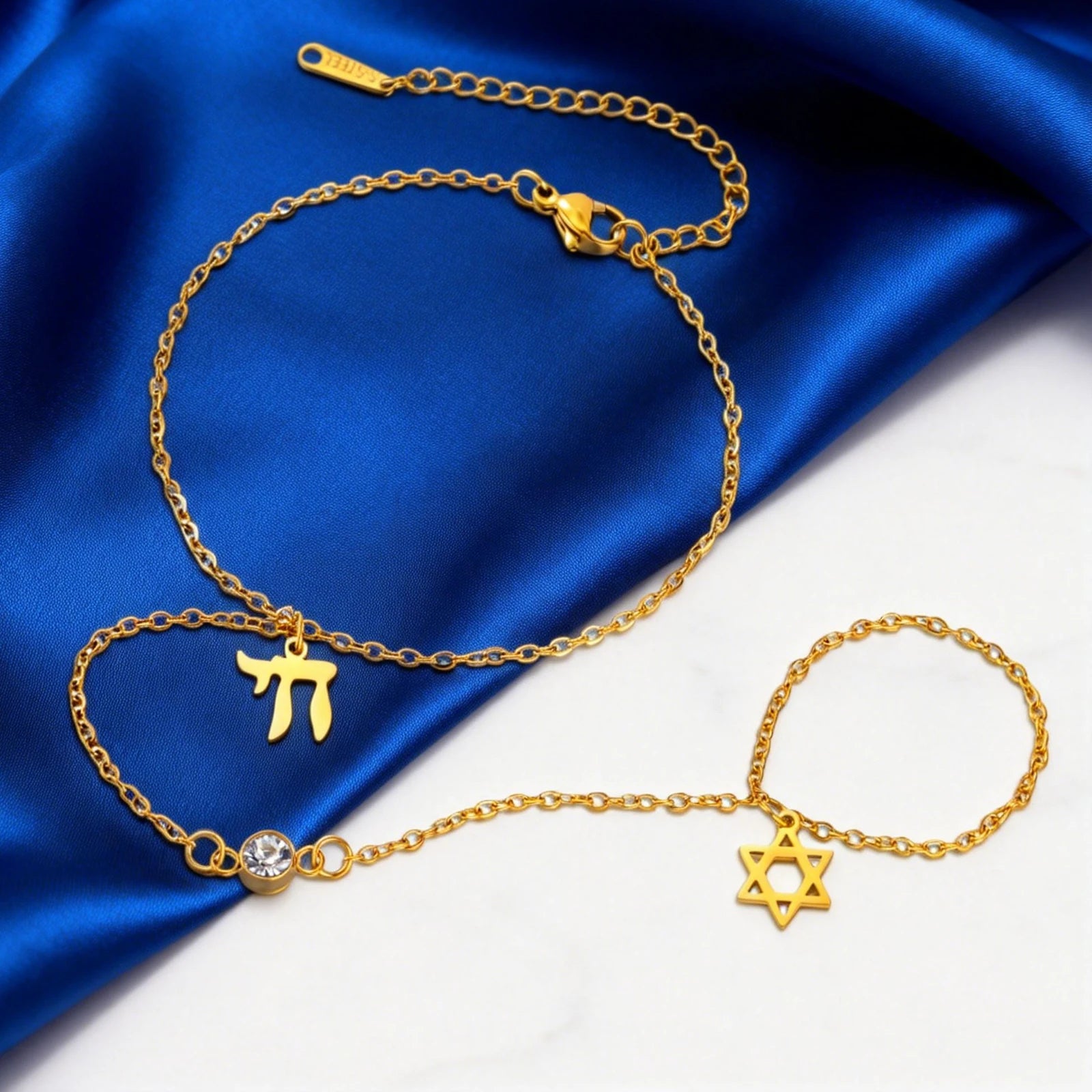 Jewish Star of David Hebrew Letter Chai Finger Bracelet Stainless Steel Adjustable Hexagram Zircon Bracelets Amulet Jewelry