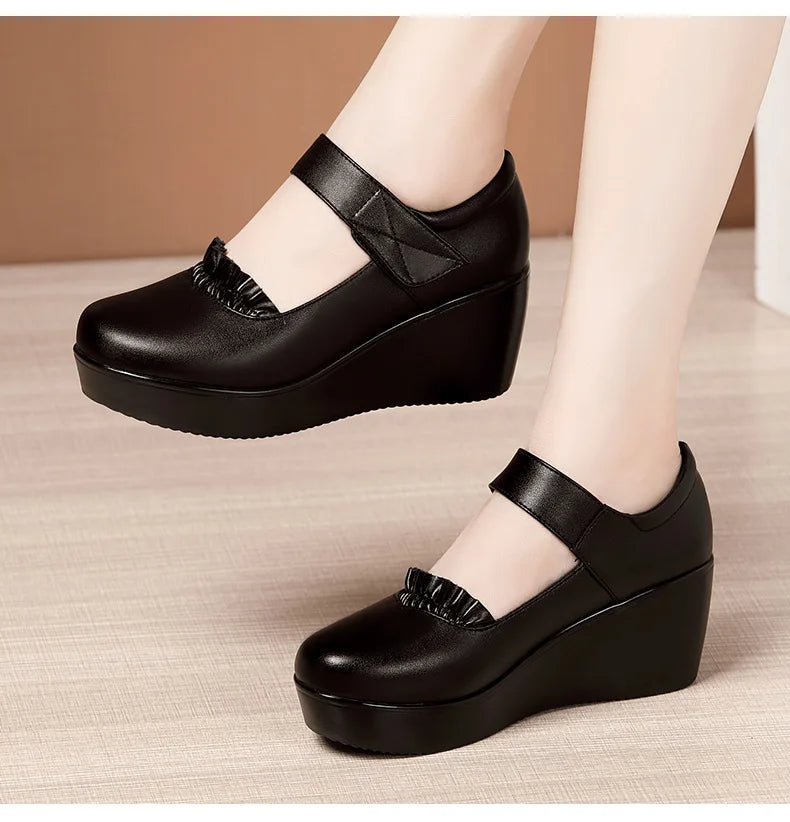 6cm Small Size 32-43 Comfortable Med Heels Pumps Soft Leather Mary Janes 2026 Women's Platform Wedges Shoes for Office Mom Dance