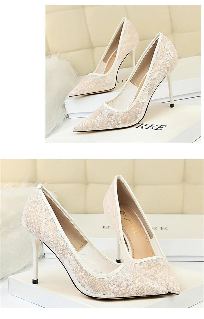 2024 Black Flower Lace Mesh Pumps Women Pointed Toe Shallow Fashion Party Single Shoes Show Thin High Heel Office Shoes