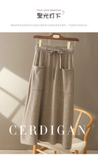 Autumn And Winter100% Pure Wool Skirt Women's Long Pocket Small A Skirt High Waist Slim Cashmere Knit A-Line Skirt