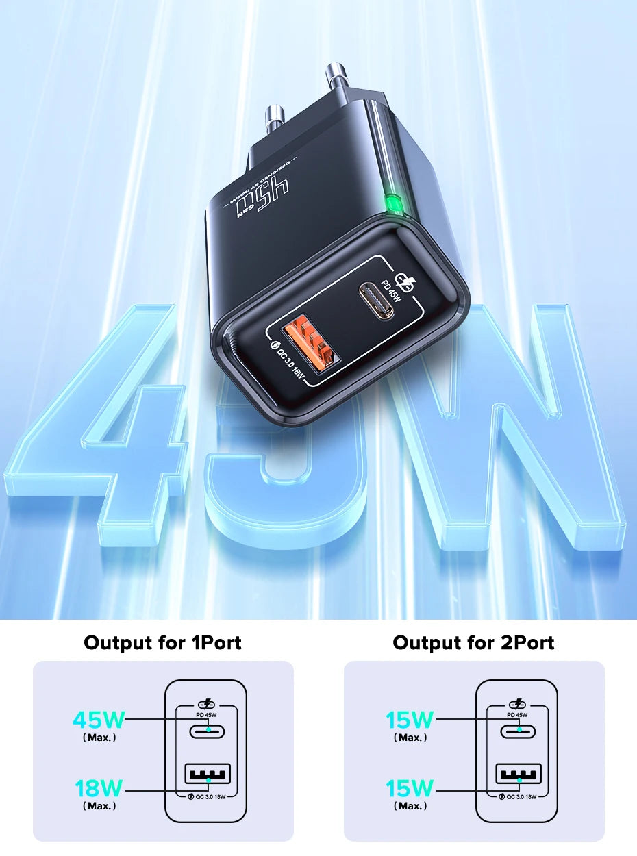 QOOVI GaN 45W USB Charger Fast Charging USB Type C Wall Charger PD QC3.0 Quick Charge For iPhone Samsung S23 S21 Laptop Tablet