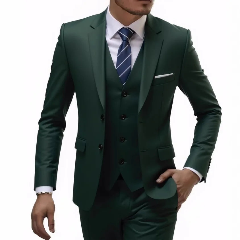 13 Color Basic Style Men's Casual Solid Color 3 Pieces Suits / Male Two Button Blazers Jacker Coat Trousers Pants Vest Waistcoat