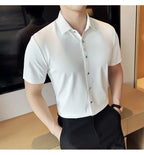 Men's White Business Casual Shirt, Fitted Striped Elastic Short-sleeved Shirt, Exquisite Embroidered Summer Formal Work Uniform.