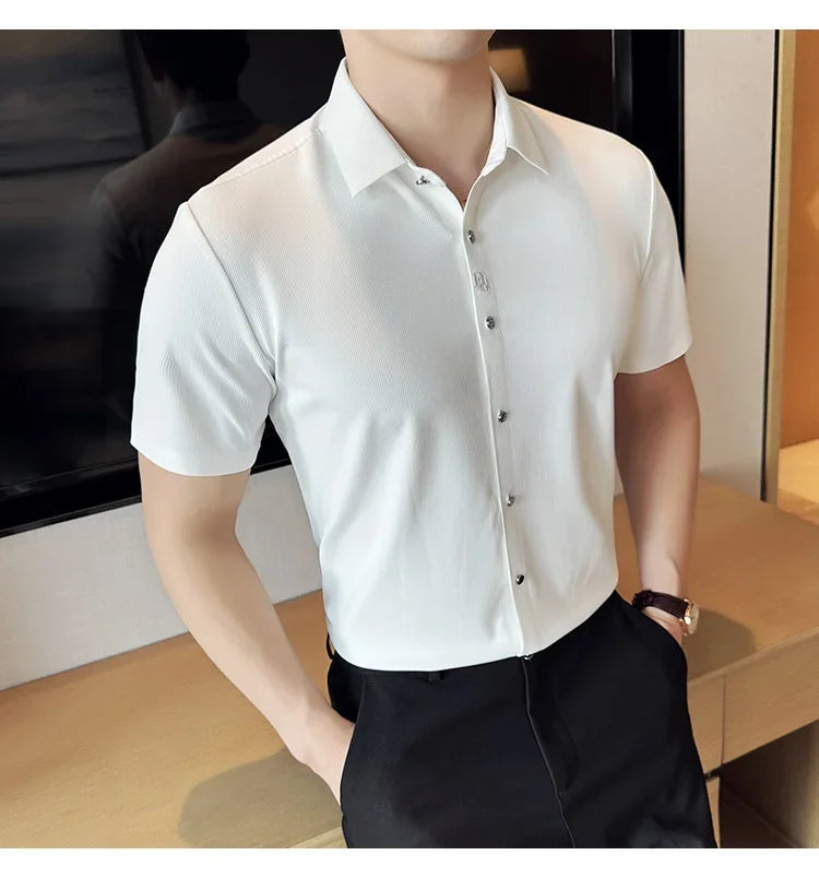 Men's White Business Casual Shirt, Fitted Striped Elastic Short-sleeved Shirt, Exquisite Embroidered Summer Formal Work Uniform.
